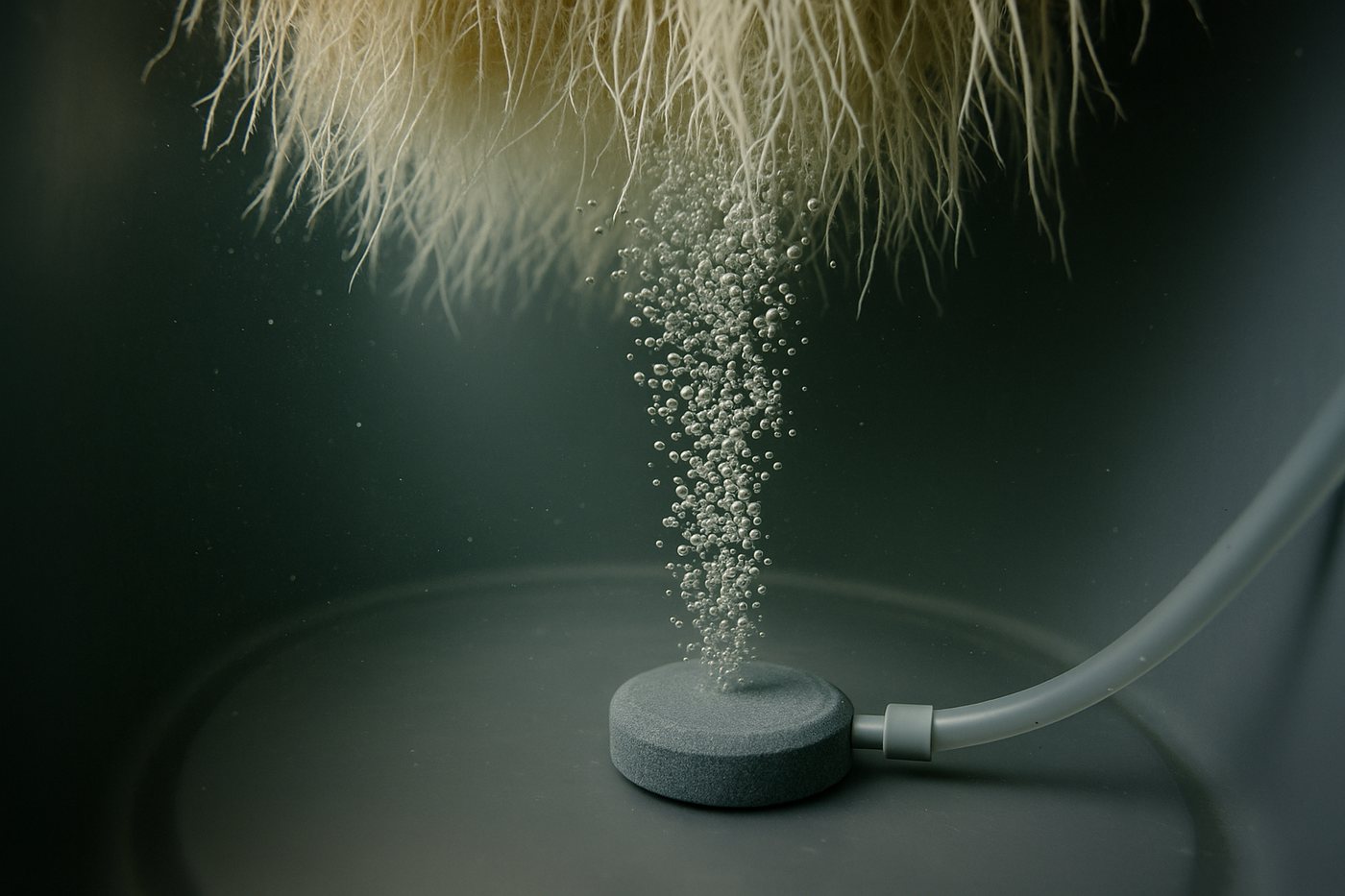 The correct result in the water is small bubbles that move up near the wall and around the roots. It is not a plume with strong turbulence through the middle of the roots.