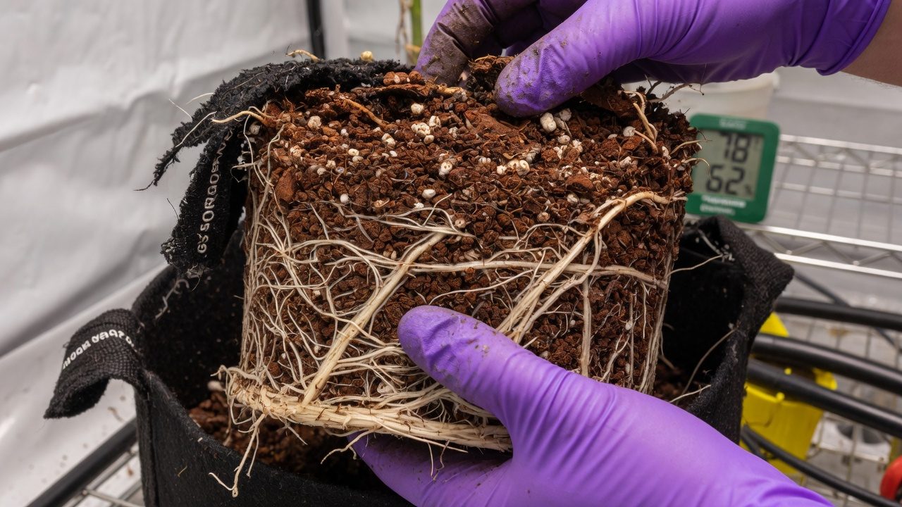 White cannabis roots in good condition on the outer surface of a root ball of coco coir