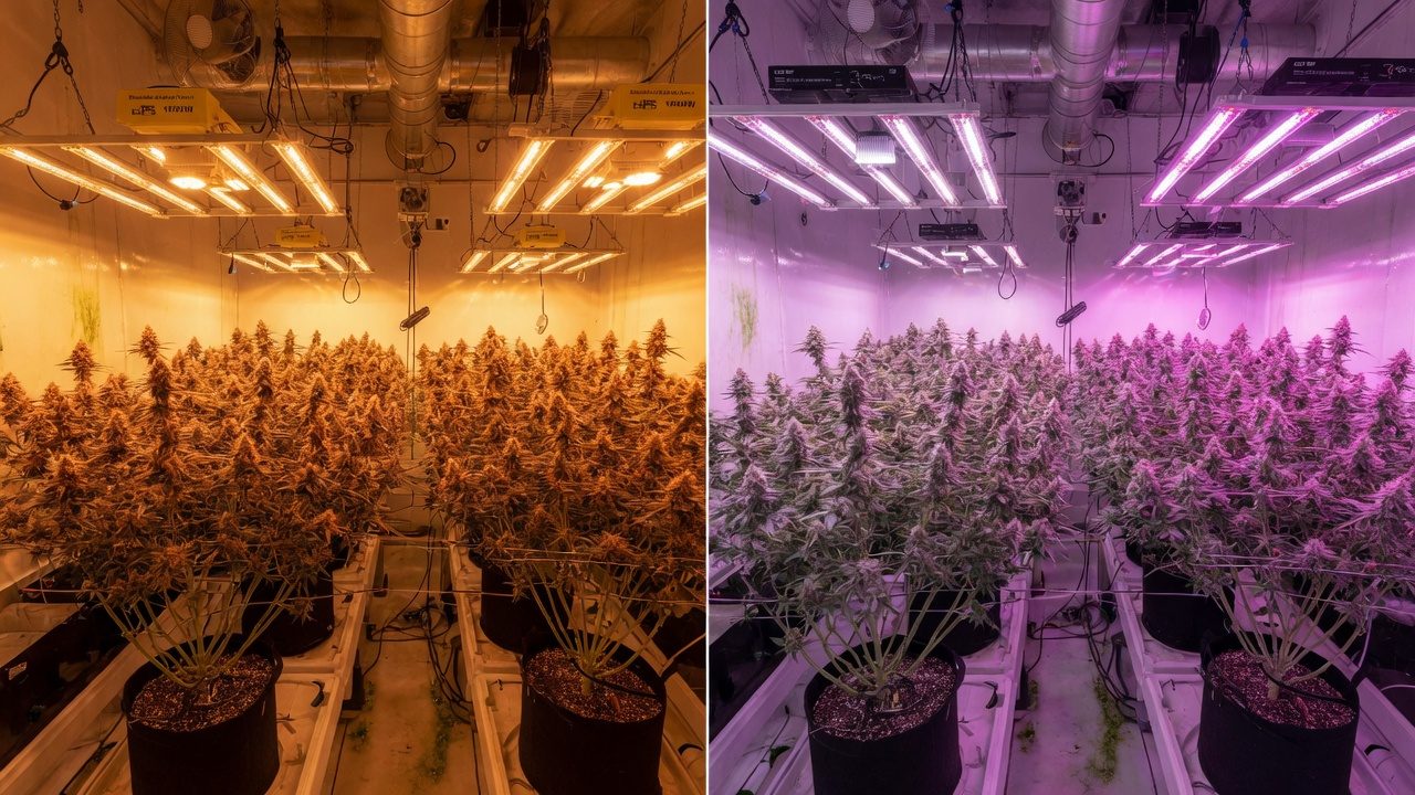 Two cannabis flowering rooms side by side: one room with orange HPS light, and one room with LED light that is white and magenta