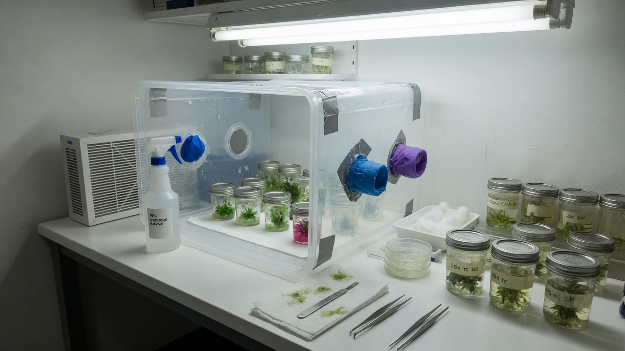 Work area with a still-air box for tissue culture at home