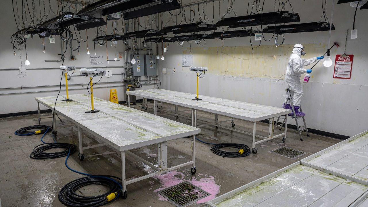 Clean cannabis grow room with no plants and bare benches, in the turn time between crops