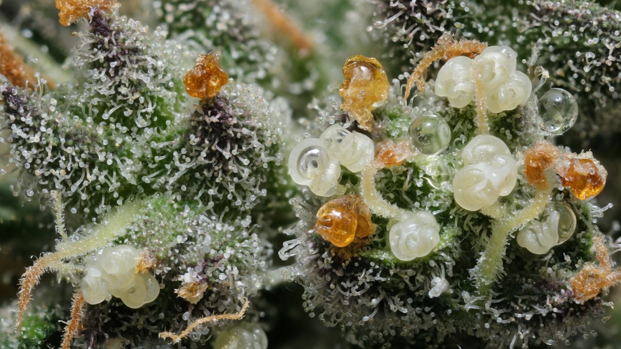 Cannabis trichomes at a high magnification, with transparent, cloudy and amber resin heads together