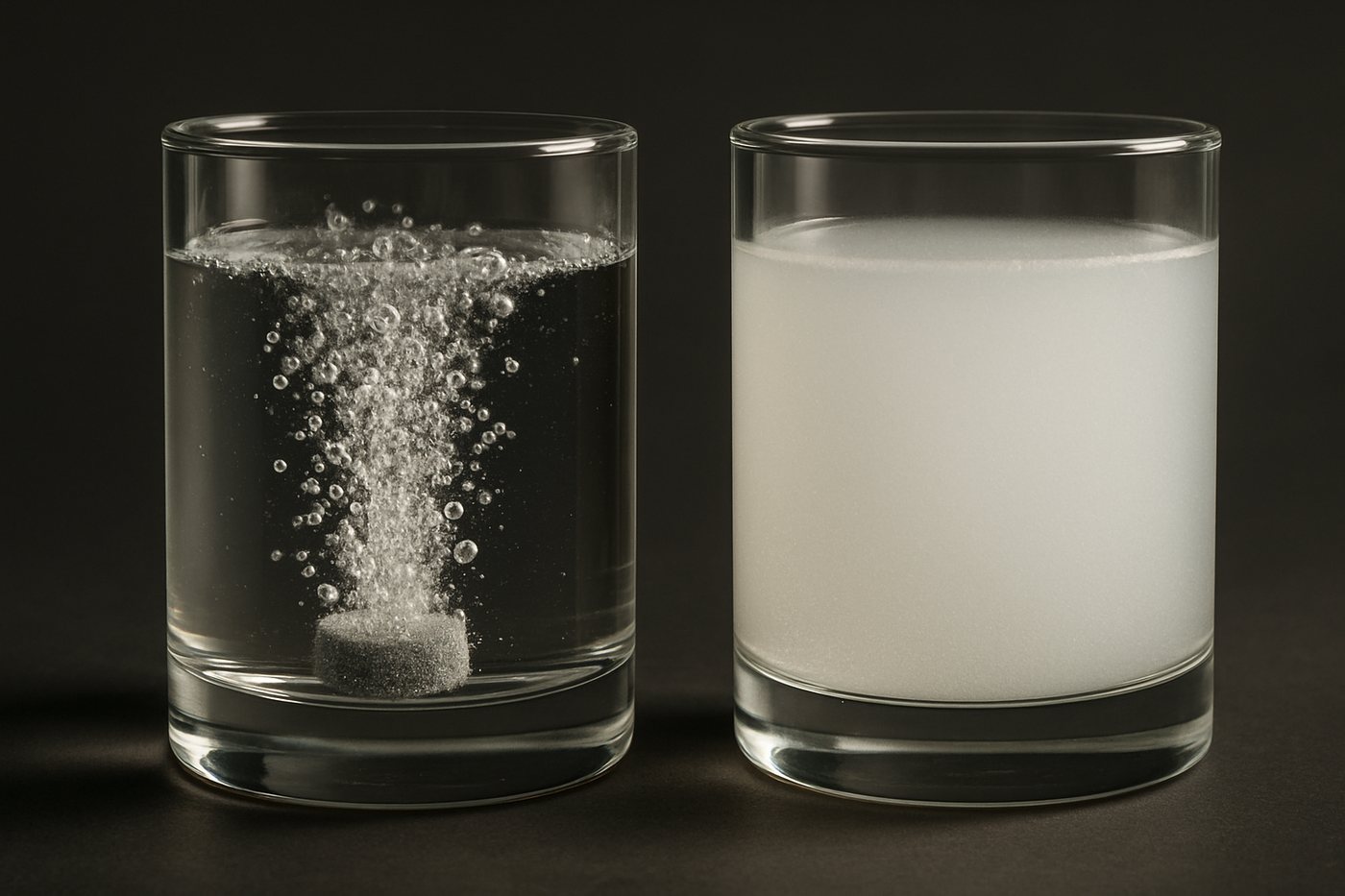 Left: an air stone that makes large bubbles. You can see a plume with turbulence. Right: water with nanobubbles. The water is not transparent, and there is no plume. The gas is the same, but the mechanical effect on the root zone is very different.