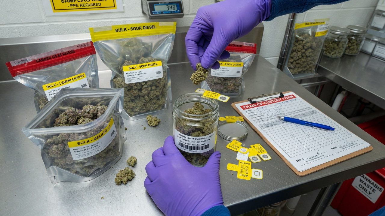 Hands in gloves that put small samples of flower from many bags in one sample jar with a label