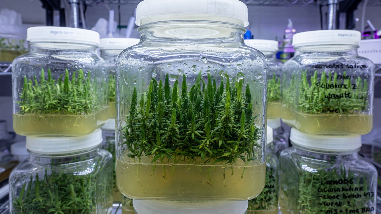 Many cannabis shoots in tissue culture vessels