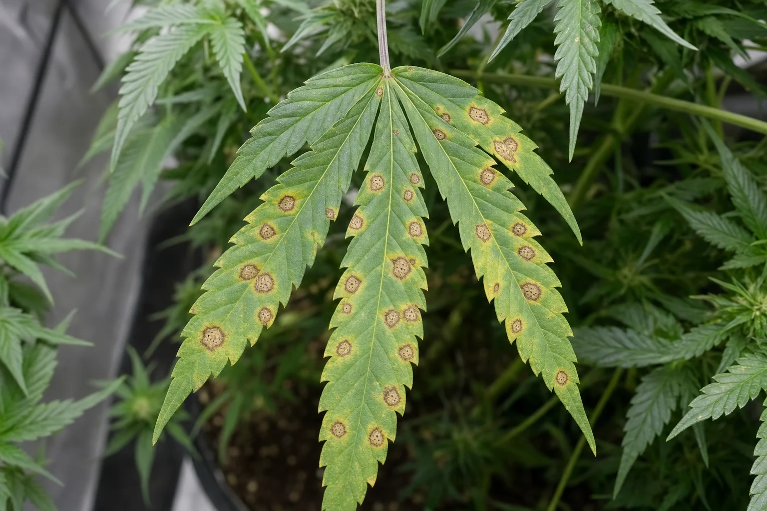 AI photo as an example: leaf spot with signs of Septoria on a bottom cannabis leaf