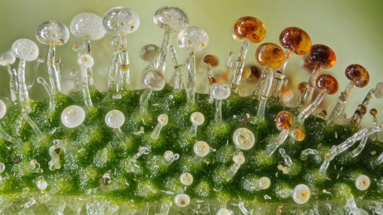Stalked cannabis trichomes, in a photo made with a microscope