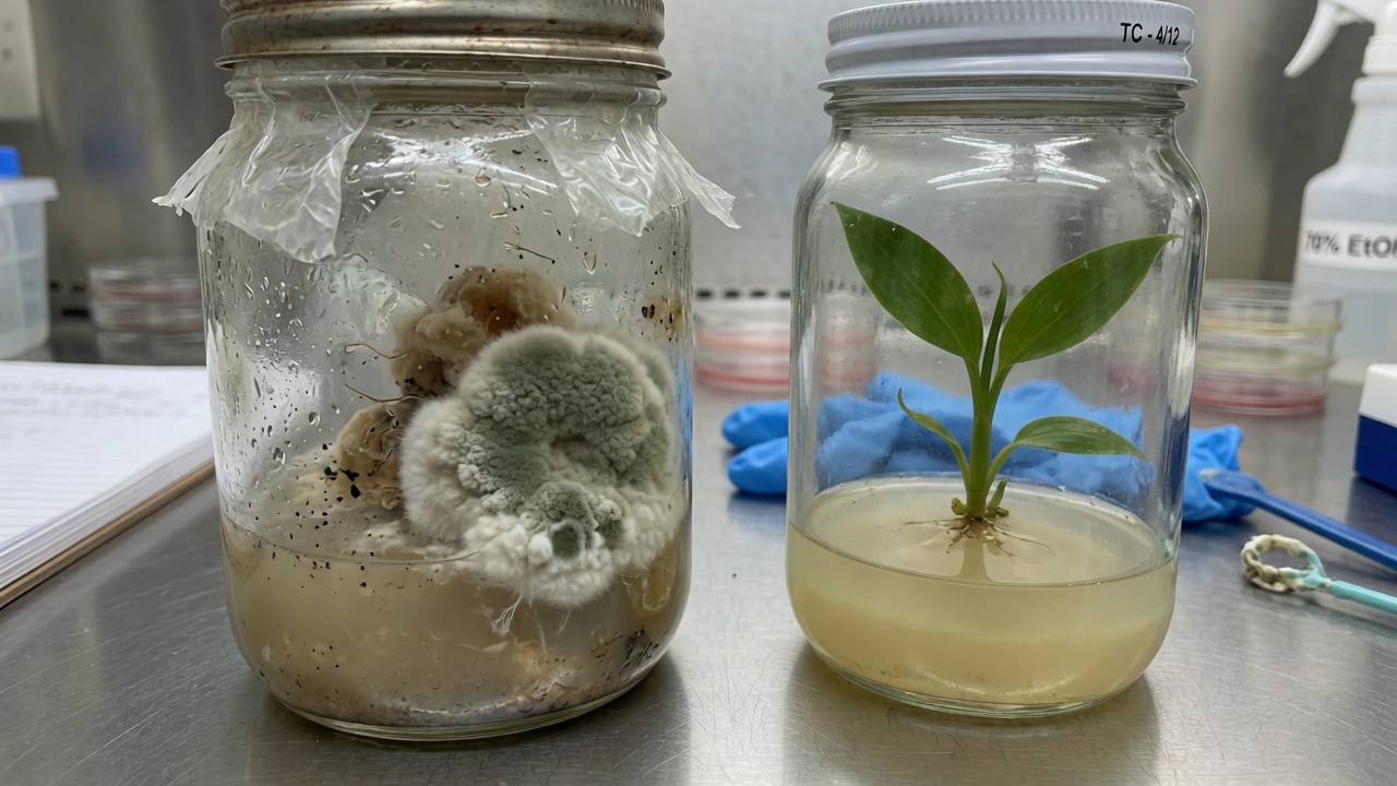 Tissue culture vessel with contamination next to a clean vessel