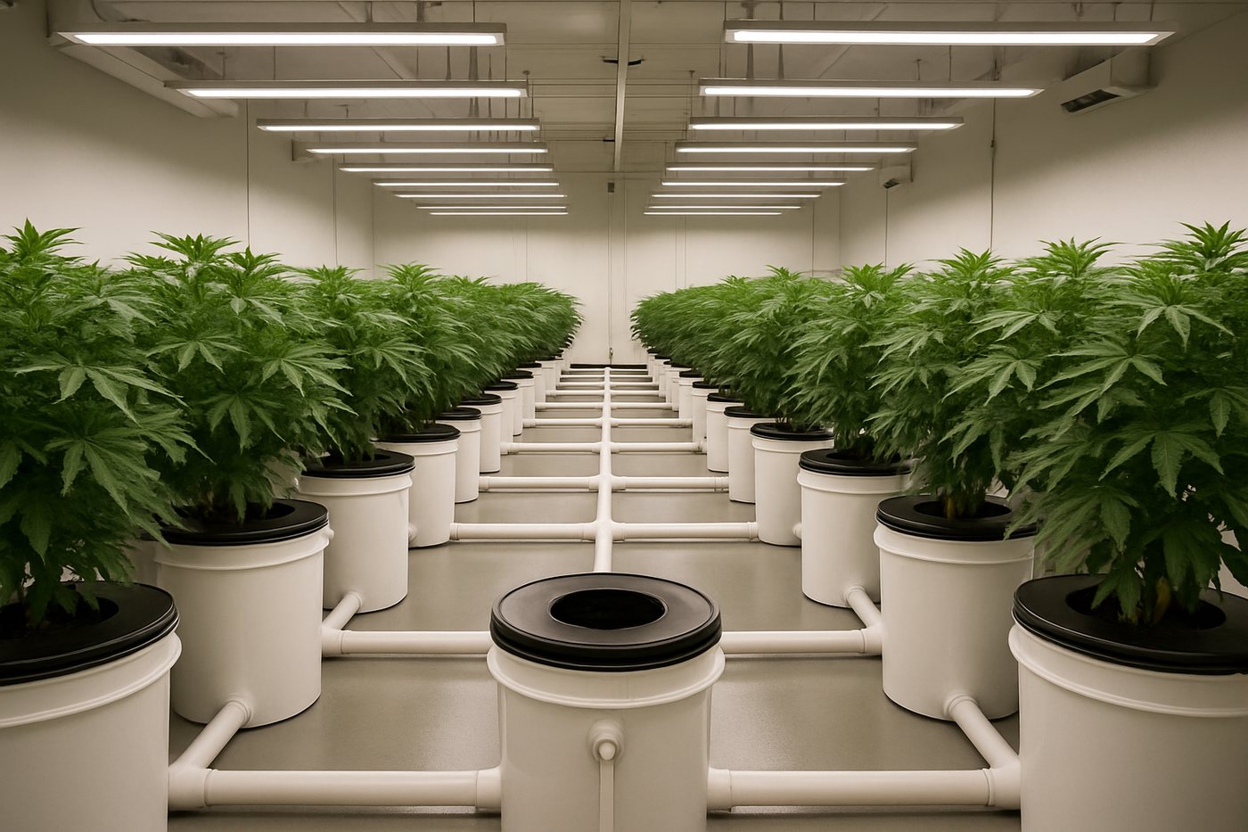 An RDWC room in a production facility. The same loop connects all the buckets. Thus all the buckets have the same EC, the same pH, the same temperature and the same group of microbes. The photo shows a good property and a risk at the same time.