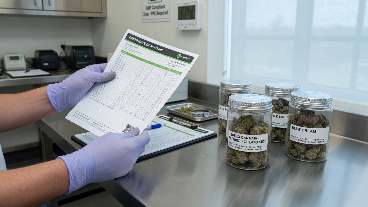 Hands in gloves with a printed COA near jars with labels of dried cannabis flower