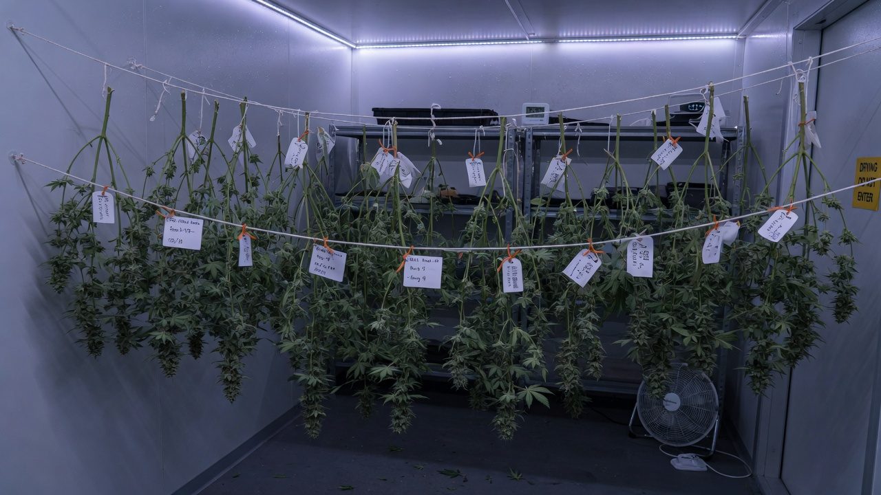 Whole plants of cannabis, hung with space between them, in a dark dry room