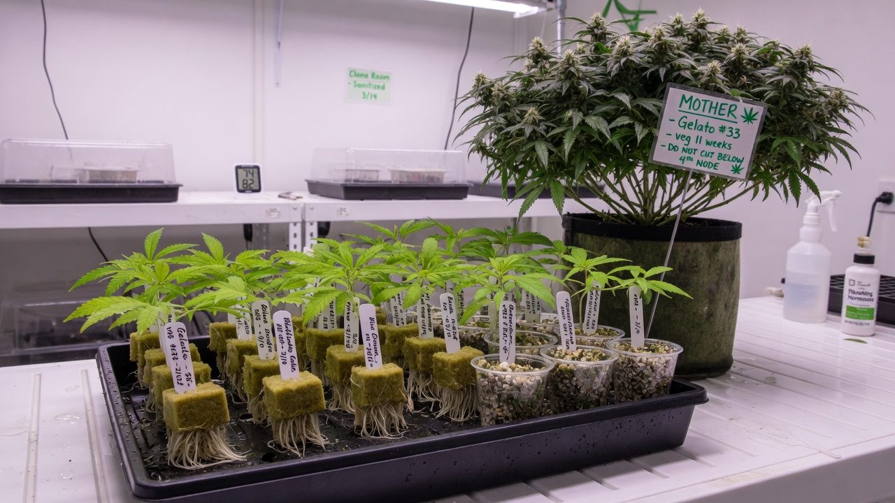 Tray of cannabis clones with roots near a large mother plant. The clones are the replacement plants.