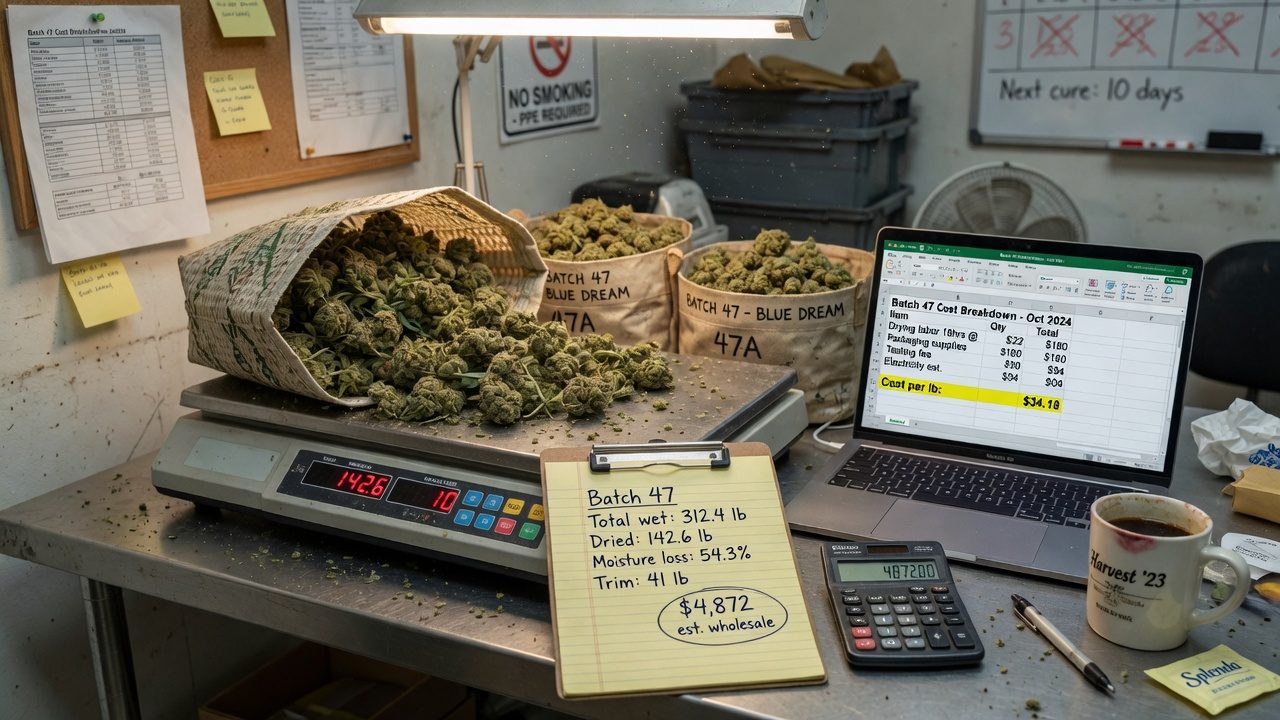 Dried cannabis flower on a scale, near a clipboard, a calculator and a spreadsheet