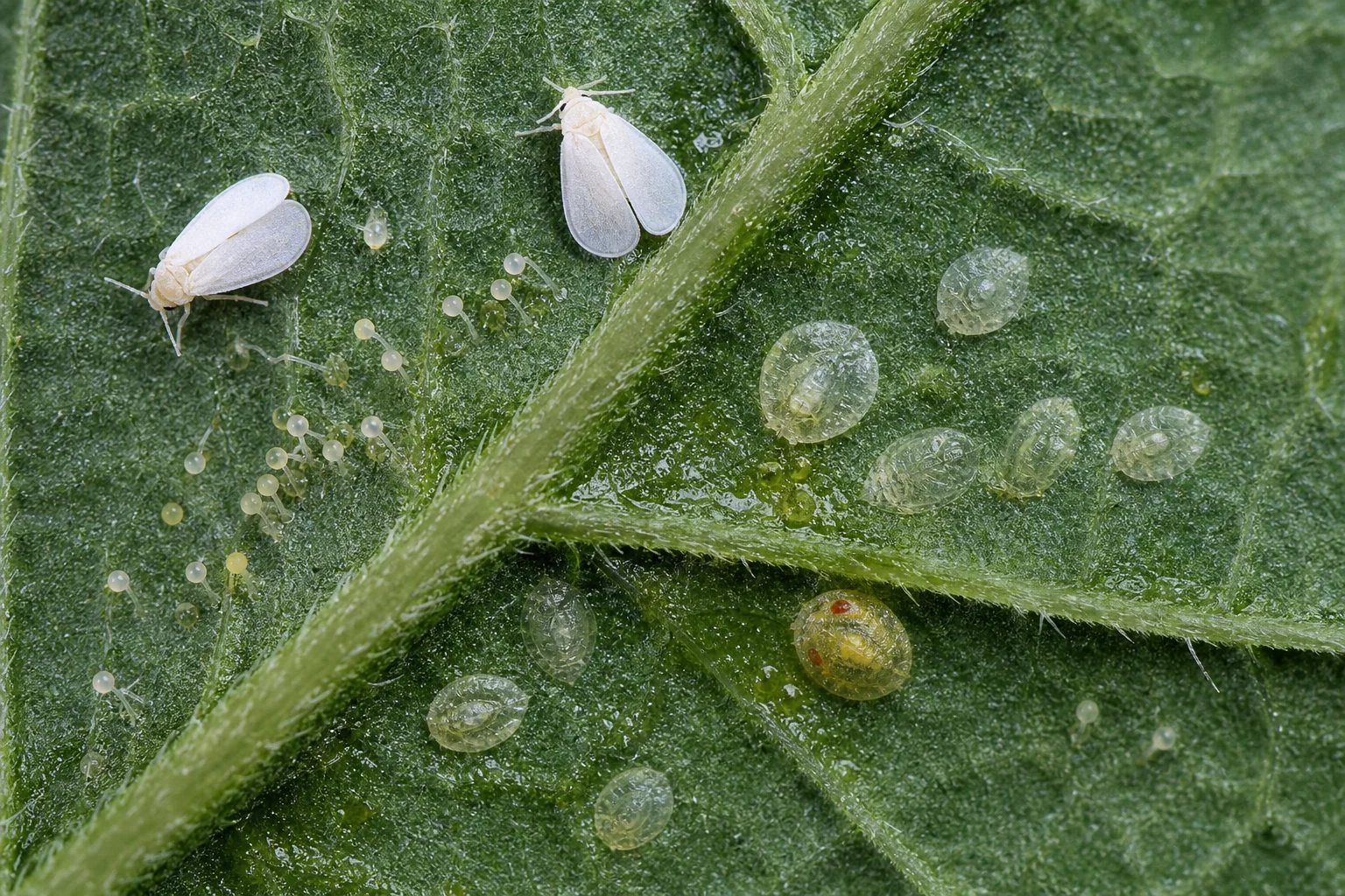 AI photo as an example: adult whiteflies and nymphs on the underside of a cannabis leaf