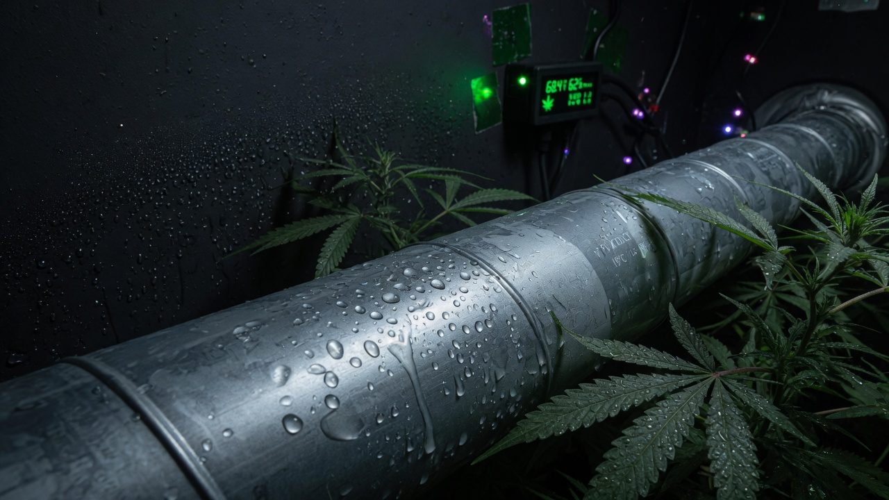 Drops of condensation on a metal duct and a wall in a dark grow room at night