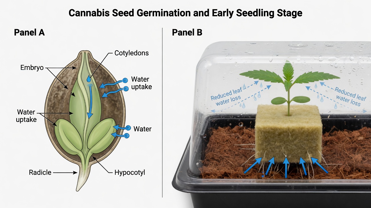 Seedling in rockwool and coco in a humidity dome