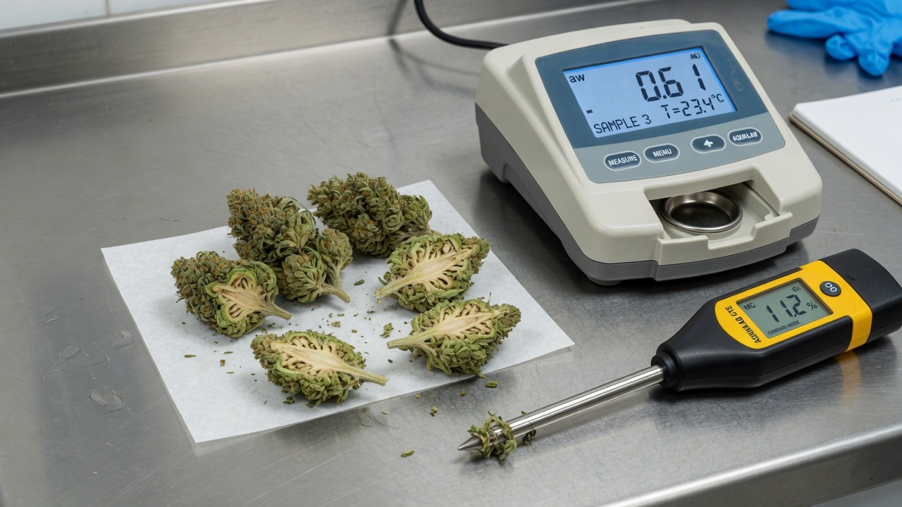 Meters for water activity and moisture, with dried buds