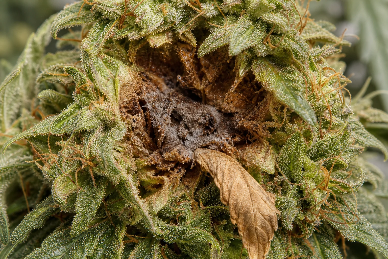 AI photo as an example: Botrytis bud rot in the inner part of a cannabis cola