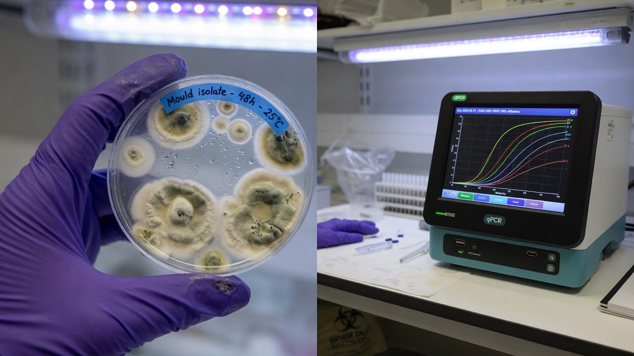 Petri dish with mold colonies in front of a qPCR instrument, with amplification curves on a screen
