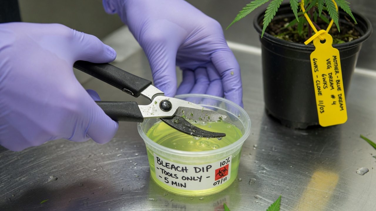 Hands in gloves put a pruning blade in a bleach solution near a cannabis mother plant