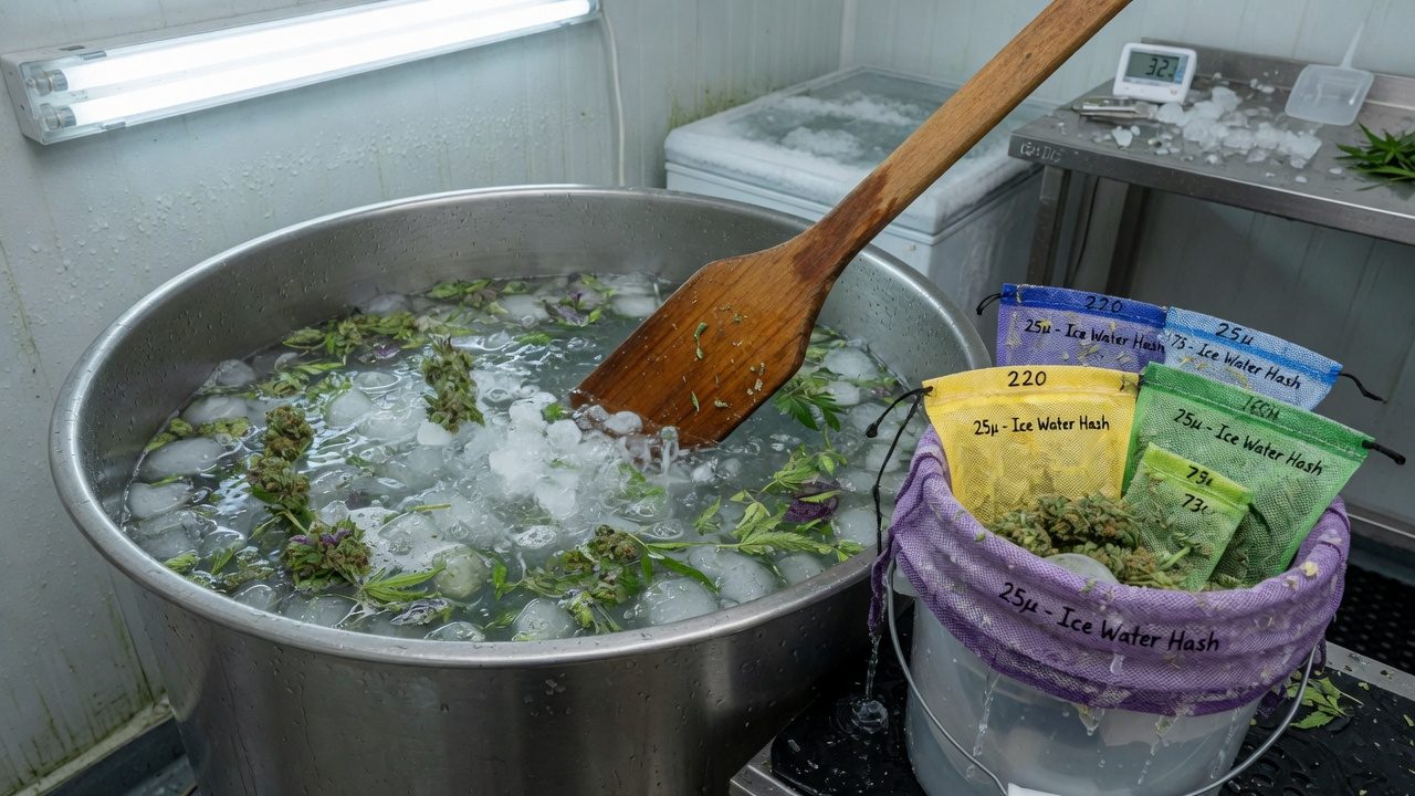 Vessel for the ice-water wash of hash, with a paddle and bags