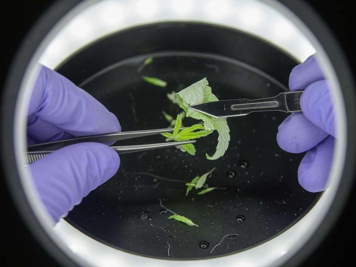 Forceps and scalpel that remove leaves from a cannabis shoot tip