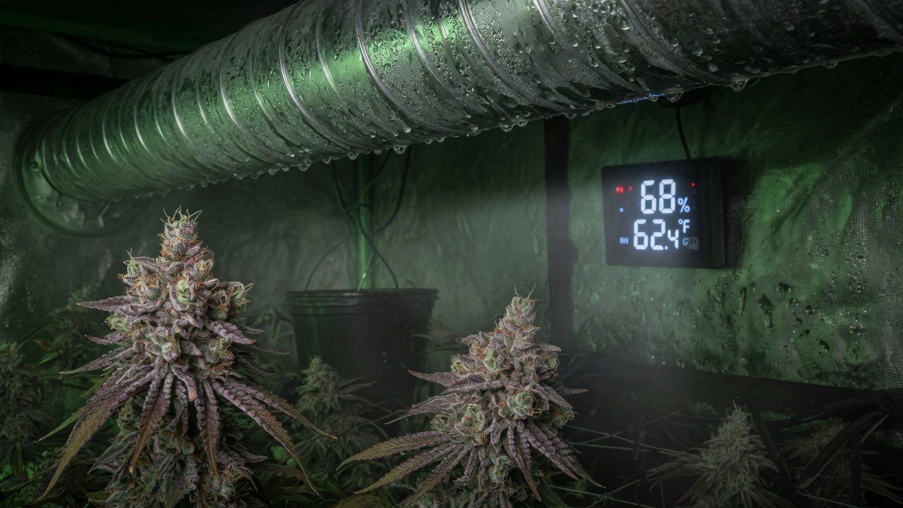 Dark grow room at lights-off, with condensation on a cold duct above flowers with a high density