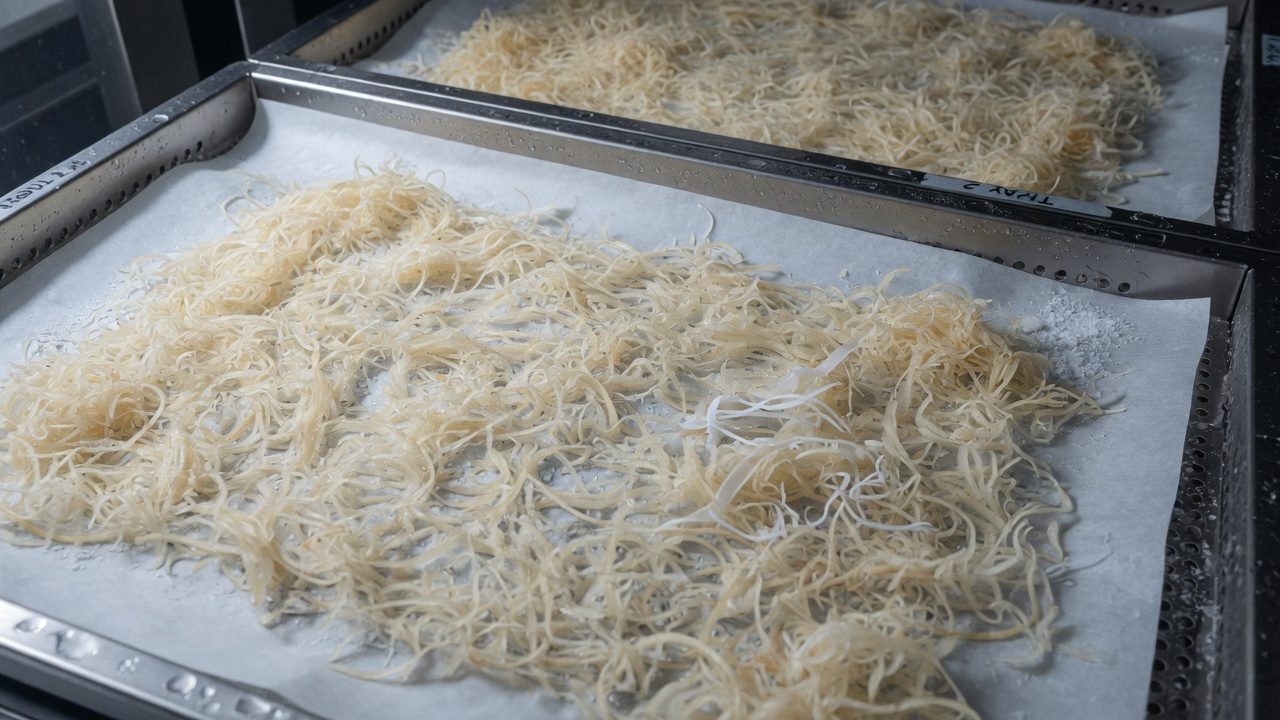 Bubble hash cut with a microplane, on trays of a freeze dryer