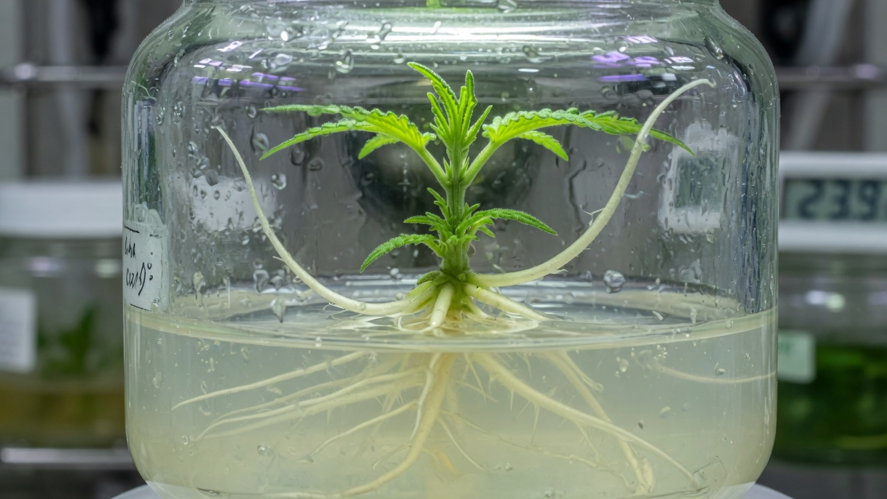 Tissue culture shoot with roots in agar