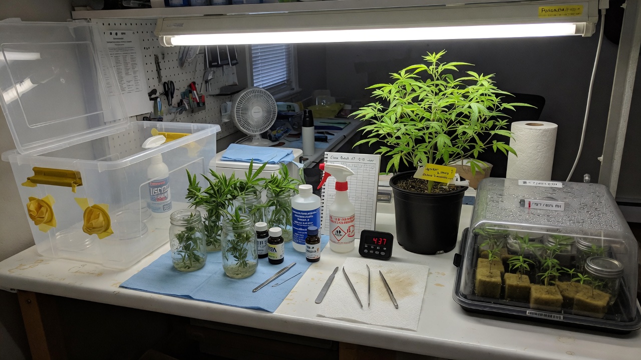 All the stages of the tissue culture procedure on a laboratory bench