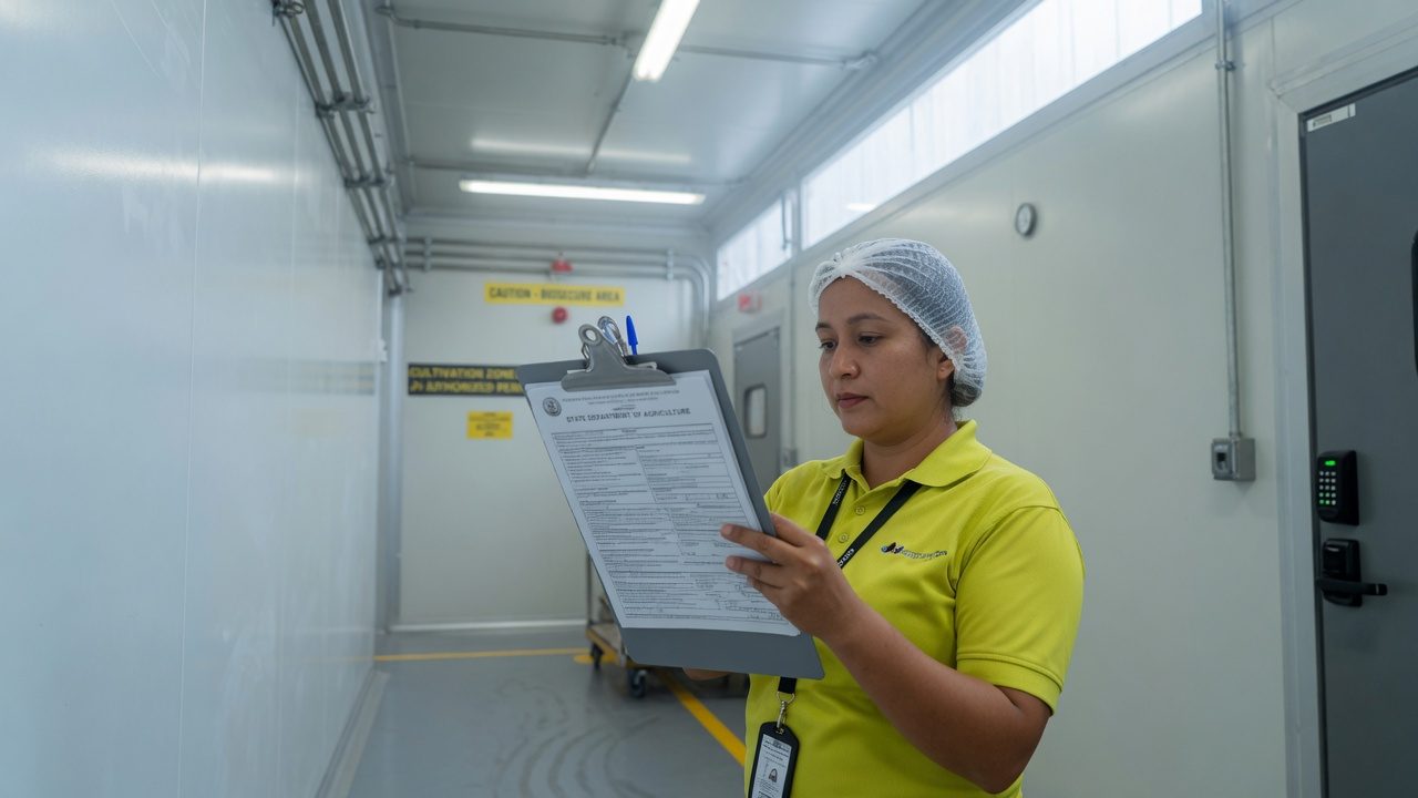 Grower who reads a printed license on a clipboard in a corridor of the facility