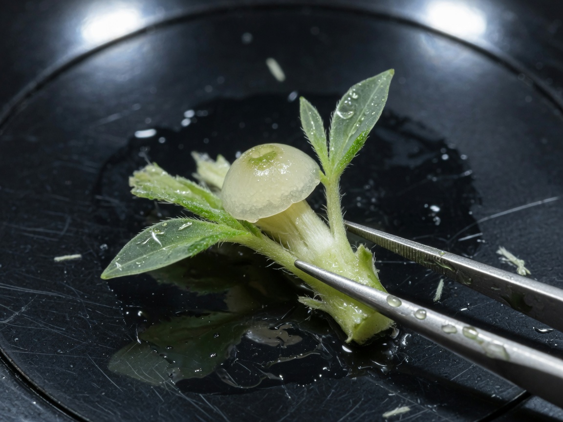 Cannabis meristem dome, two leaf primordia, leaves removed