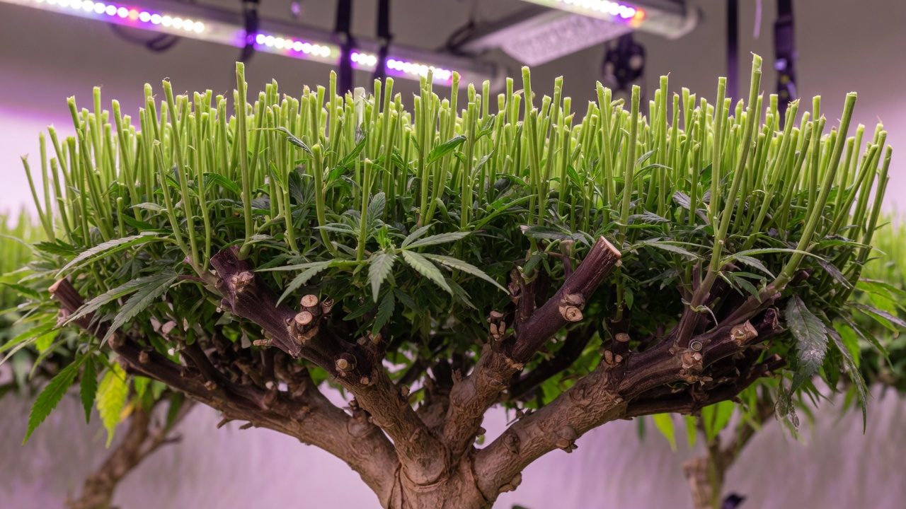 Cannabis mother plant after pruning, with a frame of scaffolds of wood and a flat top of vertical shoots