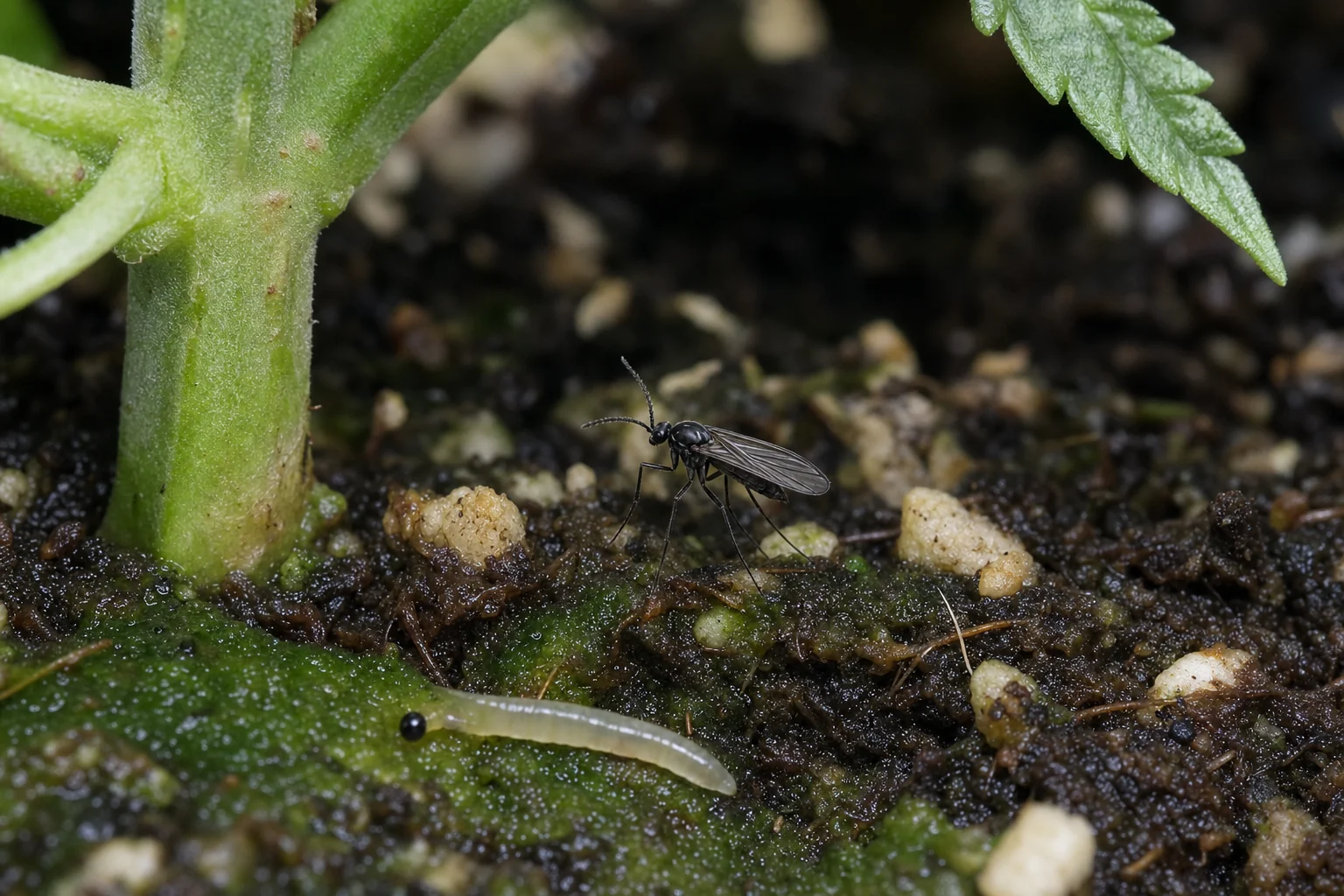 AI photo as an example: an adult fungus gnat and a larva on cannabis media