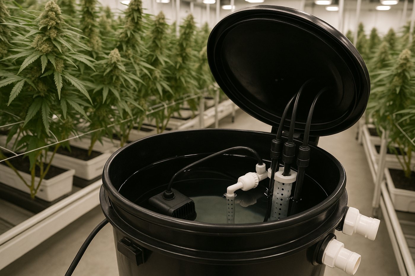 A control bucket: the photo shows the pump, the float valve on the RO pipe, and the probes in a stilling tube with holes. The stilling tube keeps the probes away from the plume of bubbles.