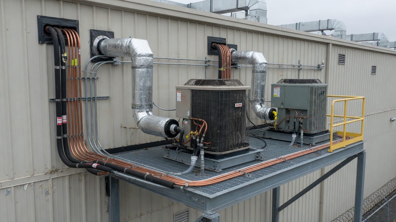Packaged units (RTU) on a roof, with insulated ducts, for an indoor cultivation building