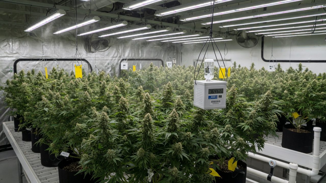 Indoor cannabis canopy with LED light, and a climate sensor at the height of the canopy