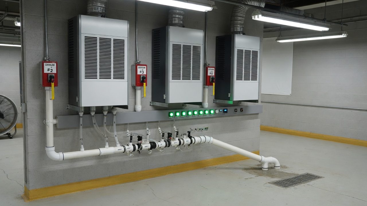 Three dehumidifier units of the same type, with a drain manifold for all of them