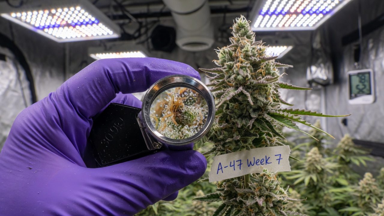 Grower who examines a cannabis bud with a loupe at a position with a mark