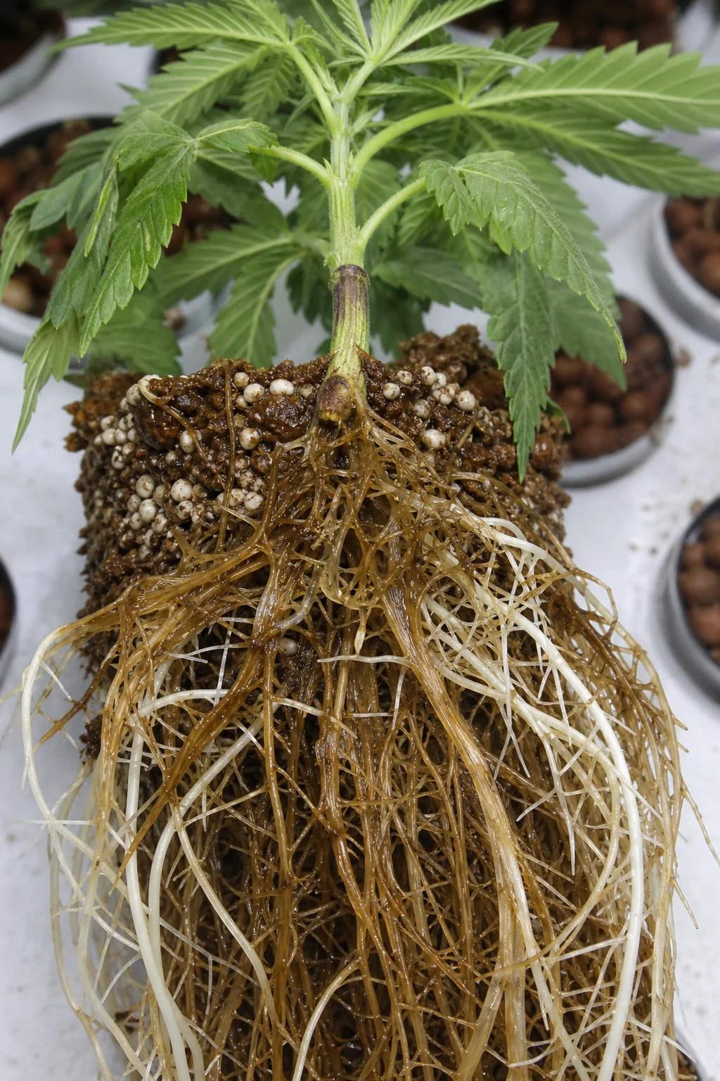 AI photo as an example: root rot with signs of Pythium in cannabis roots