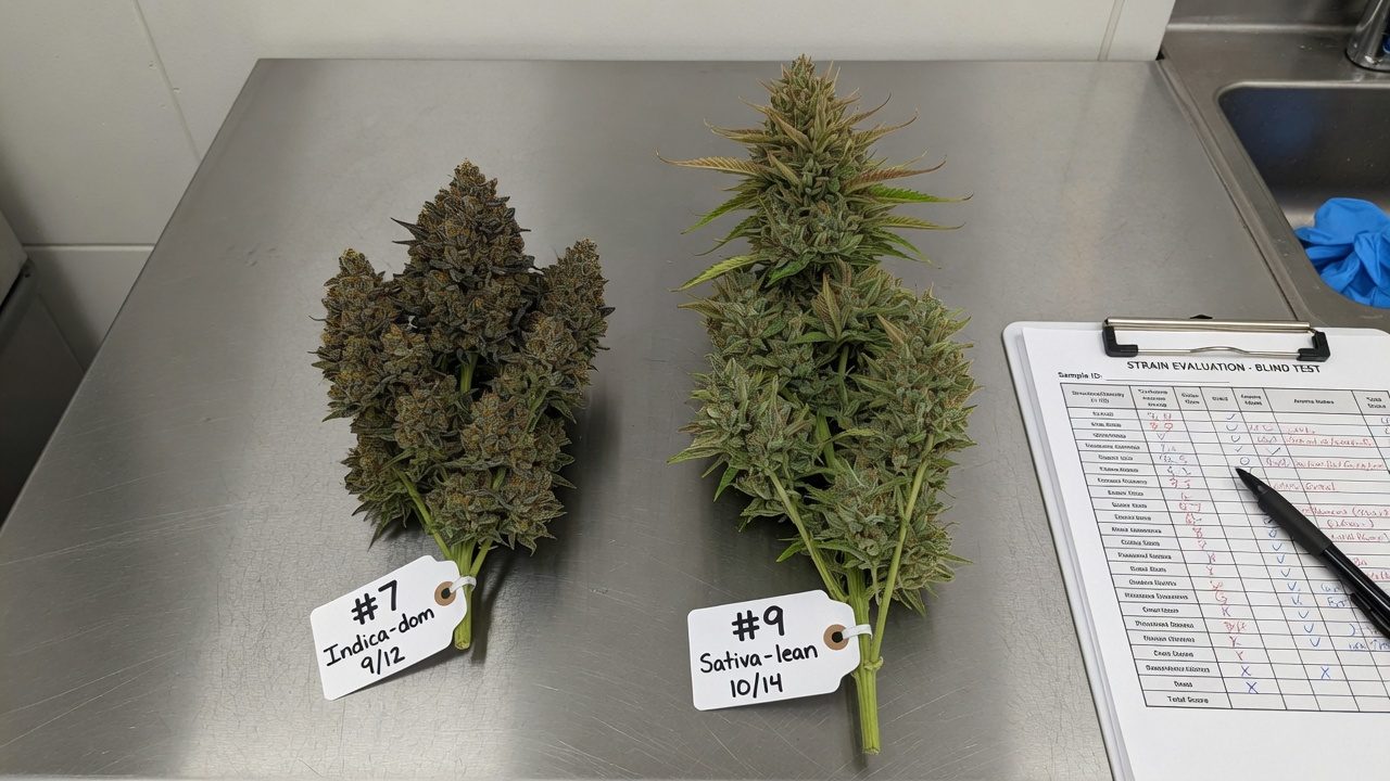 Two cannabis colas with labels, side by side, near a sheet for scores