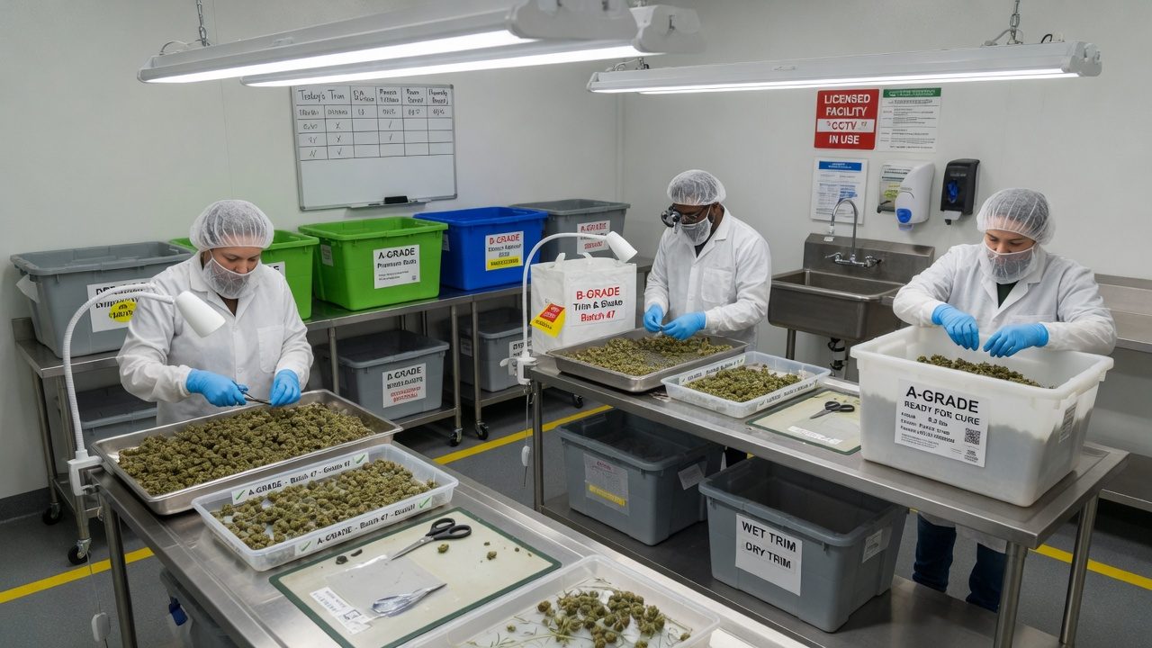 Personnel at stainless steel benches in a clean trim room, with hand trimming of dried cannabis flower