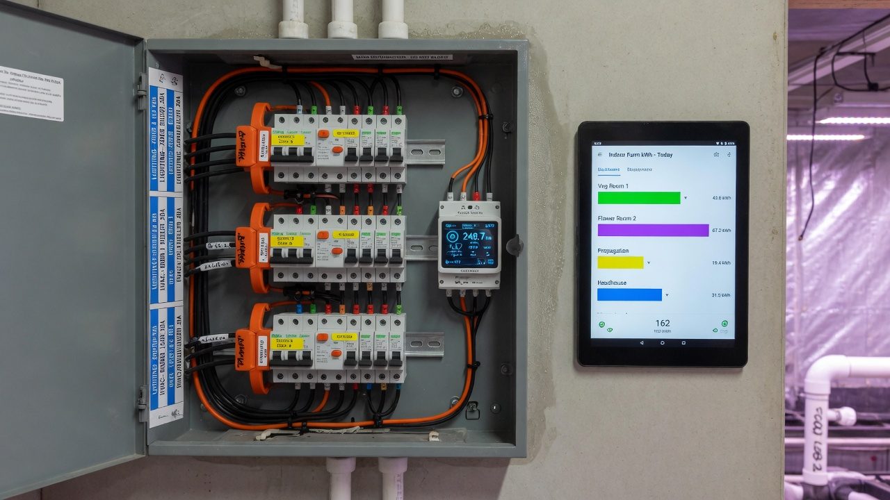 Electrical panel that is open, with CT clamps and an energy submeter, near a tablet that shows a dashboard