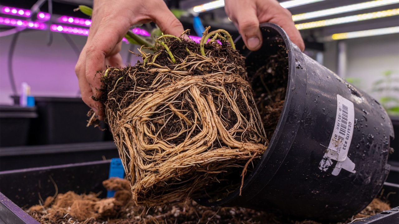 A person moves a root-bound cannabis root ball with circling roots out of a black pot