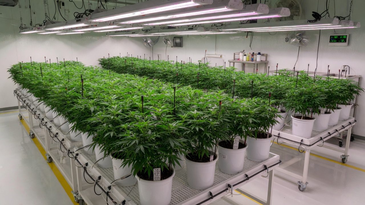 Rows of cannabis plants in the vegetative stage on benches, with LED lighting, in an indoor grow room