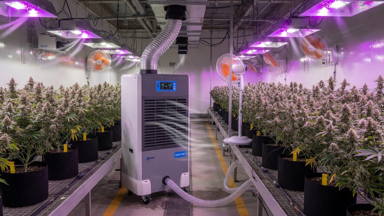 Dehumidifier with a drain hose between rows of cannabis plants in a grow room