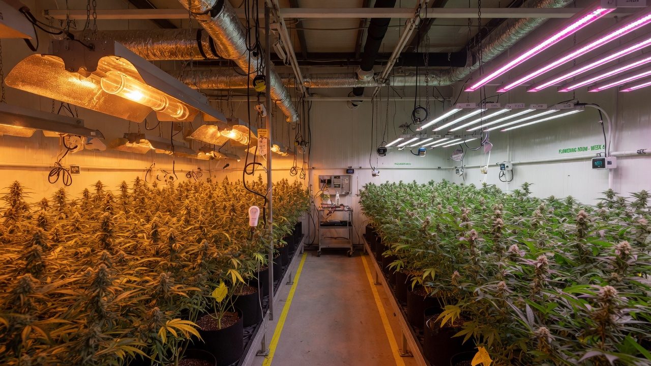 Cannabis flowering room with HPS fixtures on one side and LED bars on the other side, in a lighting retrofit