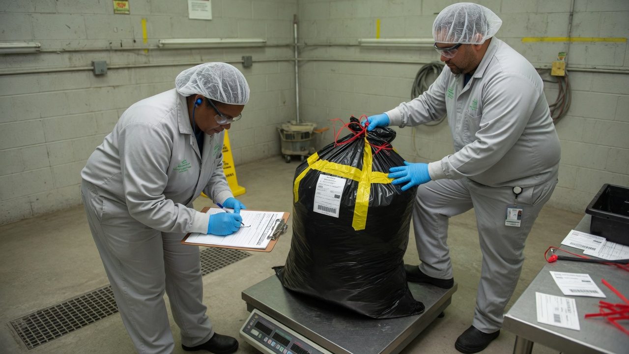 Two persons weigh a sealed bag of waste on a floor scale, and one person signs a form
