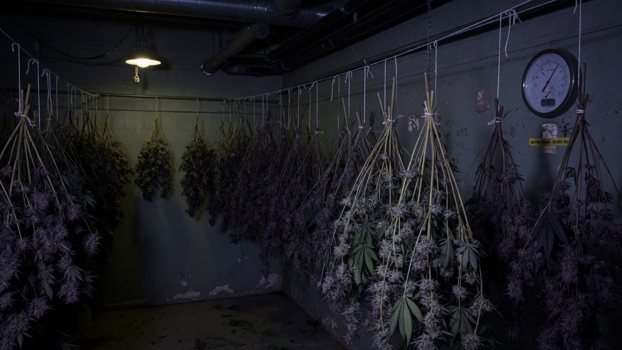 Dark, cool drying room with cannabis plants that hang on lines
