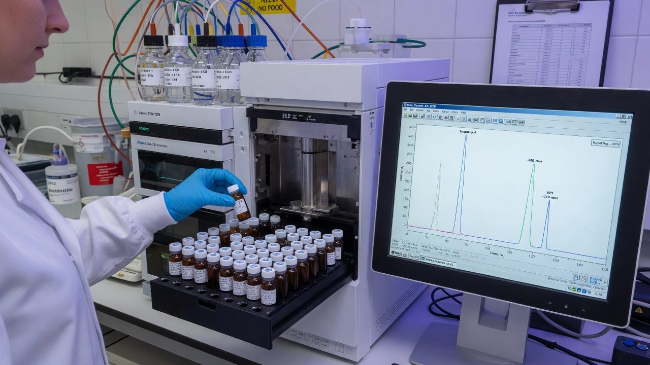 Technician who puts amber vials in the autosampler of an HPLC, with a chromatogram on a screen